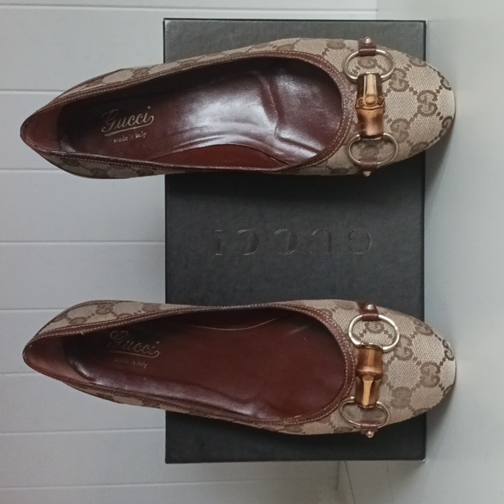 Gucci Tan Logo Canvas Flats In Box W Bamboo Bit. - Picture 2 of 7